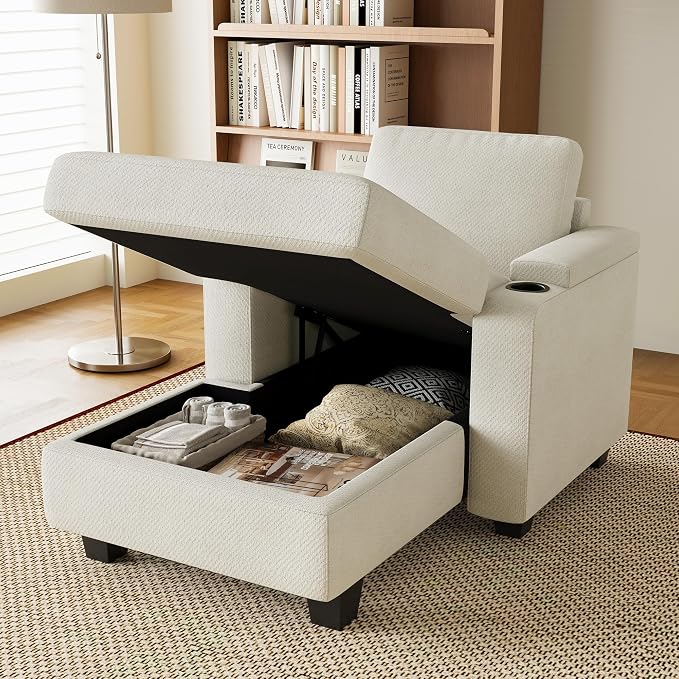 Belffin 52.8" Deep Storage Chaise Lounge with Cup Holder for Apartment Couch Beige