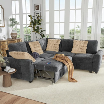Hanherry Sectional Couch with Pull Out Sofa Bed,Chenille Sleeper Sofa with 2 Seat Storage & USB Charging,Comfy L Shaped Modular Couches for Living Room,Apartment