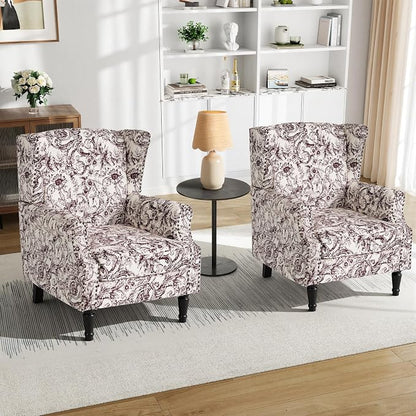 Pia Ricco Set of 2 Floral Accent Chairs, High Back Upholstered Armchairs with Retro Wingback Design, Nailhead Trim & Solid Wood Legs for Living Room Bedroom Home Office(Rococo Plum)