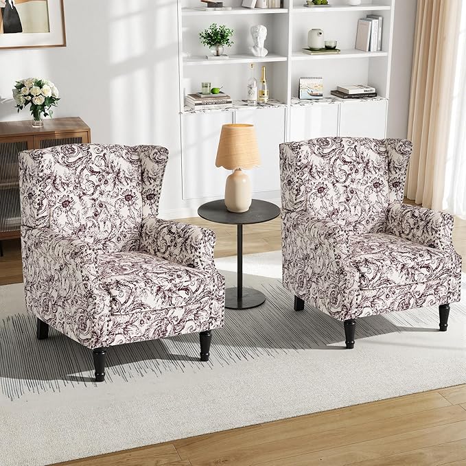 Pia Ricco Set of 2 Floral Accent Chairs, High Back Upholstered Armchairs with Retro Wingback Design, Nailhead Trim & Solid Wood Legs for Living Room Bedroom Home Office(Rococo Plum)