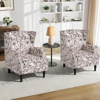 Pia Ricco Set of 2 Floral Accent Chairs, High Back Upholstered Armchairs with Retro Wingback Design, Nailhead Trim & Solid Wood Legs for Living Room Bedroom Home Office(Rococo Plum)