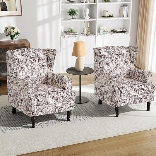 Pia Ricco Set of 2 Floral Accent Chairs, High Back Upholstered Armchairs with Retro Wingback Design, Nailhead Trim & Solid Wood Legs for Living Room Bedroom Home Office(Rococo Plum)
