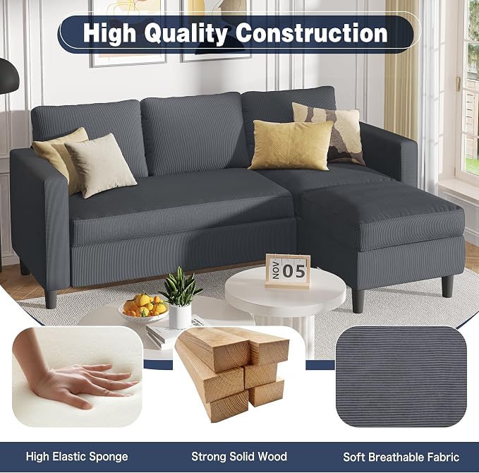 Shintenchi Modern Upholstered Sectional Sofa, L-Shaped Couch with Movable Ottoman and Reversible Chaise for Living Room, Dark Gray