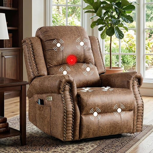 HAOMARKETS Classic Power Recliner Chair with Massage and Heat, Breathable Faux Leather Electric Recliner with USB&Type-C Port, Overstuffed Reclining Sofa with Rivets for Living Room, Brown