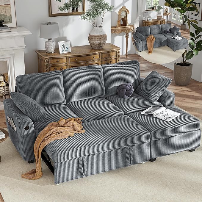Hanherry 81" Sectional Couch with Pull Out Sofa Bed,Corduroy Sleeper Sofa with Storage Ottoman & USB Charging,Comfy L Shaped Modular Couches for Living Room,Apartment