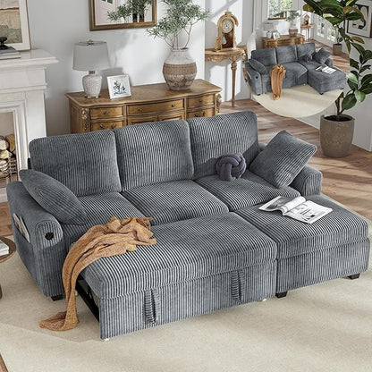 Hanherry 81" Sectional Couch with Pull Out Sofa Bed,Corduroy Sleeper Sofa with Storage Ottoman & USB Charging,Comfy L Shaped Modular Couches for Living Room,Apartment