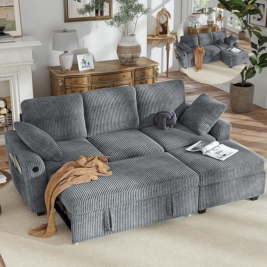 Hanherry 81" Sectional Couch with Pull Out Sofa Bed,Corduroy Sleeper Sofa with Storage Ottoman & USB Charging,Comfy L Shaped Modular Couches for Living Room,Apartment