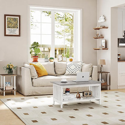 YOSHOOT 39.4" Farmhouse Coffee Table, Small Coffee Tables for Living Room | Grey, 2 Tier Coffee Table with Storage, Tea Table for Living Room Bedroom Small Space