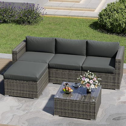 May in Color 5 Piece Outdoor Patio Sectional Furniture Set, Weather Resistant Rattan Outside Couch, Waterproof Conversation Sofa for Balcony, Porch, Backyard, Deck, Garden, Grey