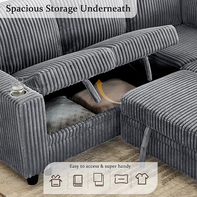 Sectional Sleeper Sofa with Pull Out Bed, Plush Corduroy L Shaped Corner Couch with Storage, USB Ports, Cup Holders, Comfy Sectional Couches for Living Room, Grey