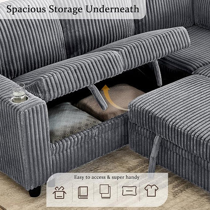Sectional Sleeper Sofa with Pull Out Bed, Plush Corduroy L Shaped Corner Couch with Storage, USB Ports, Cup Holders, Comfy Sectional Couches for Living Room, Grey