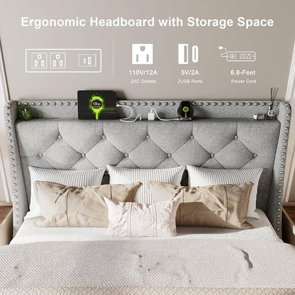 Feonase Queen Bed Frame with Luxury Wingback Upholstered Button Tufted Storage Headboard, Queen Platform Bed with Charging Station, Sturdy Wooden Slats Support, Noise-Free, Easy Assembly, Light Gray