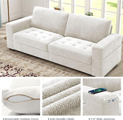 WorthFurni Sofas for Living Room, Chenille Loveseat Couch Set, Small Modern Sofa, USB Charging, Removable Sofa Cover,Solid Wood Frame, Easy to Install(89inch,White)