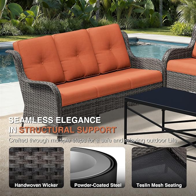 Joyside Outdoor Patio Couch, 3 Seater Outdoor Wicker Sofa with High Back, Deep Seating, Wide Armrest, Thickened Cushions, Patio Sofa for Deck, Porch Use