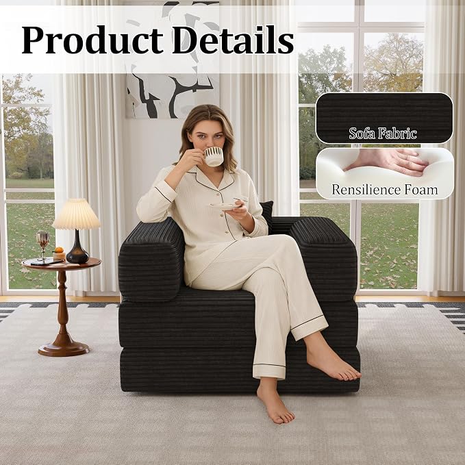 Single Couch Sofa for Small Spaces 2 in 1 Convertible Sleeper Sofa to Lounger Comfy Bean Bag Chair for Adults Removable Cover with Pillows for Bedroom, Apartment, Office, Black, 35.43" Single Sofa