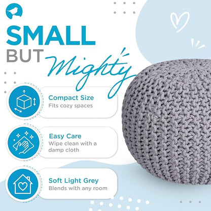 BIRDROCK HOME Round Pouf Ottoman Foot Rest - 18.5”x18.5”x15” Boho Compact Comfortable Soft Cotton Braided Foot Stool with Bean Bag Filling for Living Room, Bedroom, or Nursery (Light Gray)