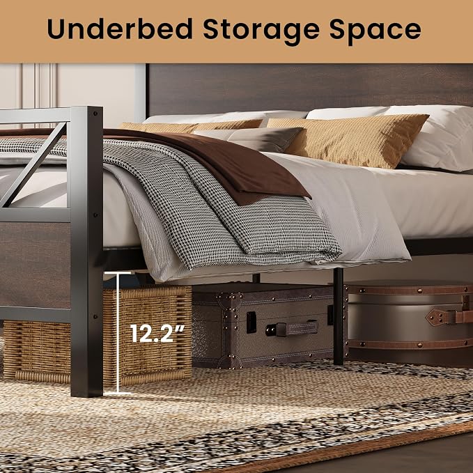 LIKIMIO California King Bed Frame, Tall Industrial Headboard 51.1 ", Platform Bed Frame with Strong Metal Support, Solid and Stable, Noise Free, No Box Spring Needed, Easy Assembly, Dark Brown