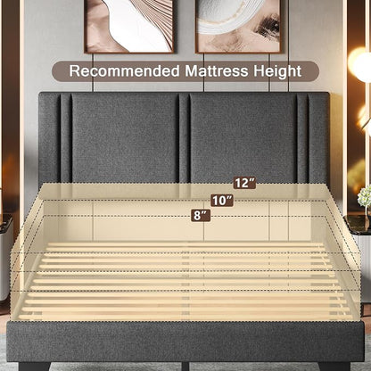 Einhomn Upholstered Full Size Bed Frame with Linen Fabric Headboard, Strong Wooden Slats Support, Noise Free, No Box Spring Needed, Dark Grey