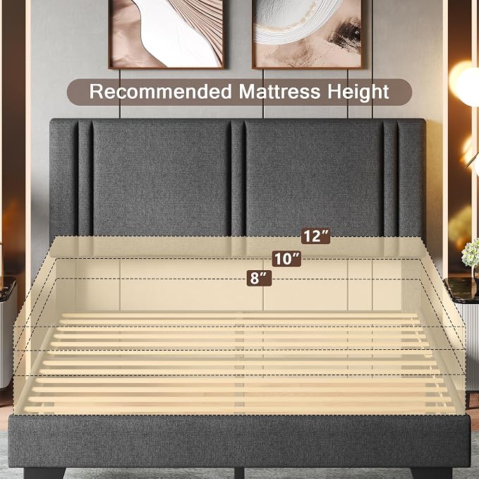 Einhomn Upholstered Queen Size Bed Frame with Linen Fabric Headboard, Strong Wooden Slats Support, Noise Free, No Box Spring Needed, Dark Grey