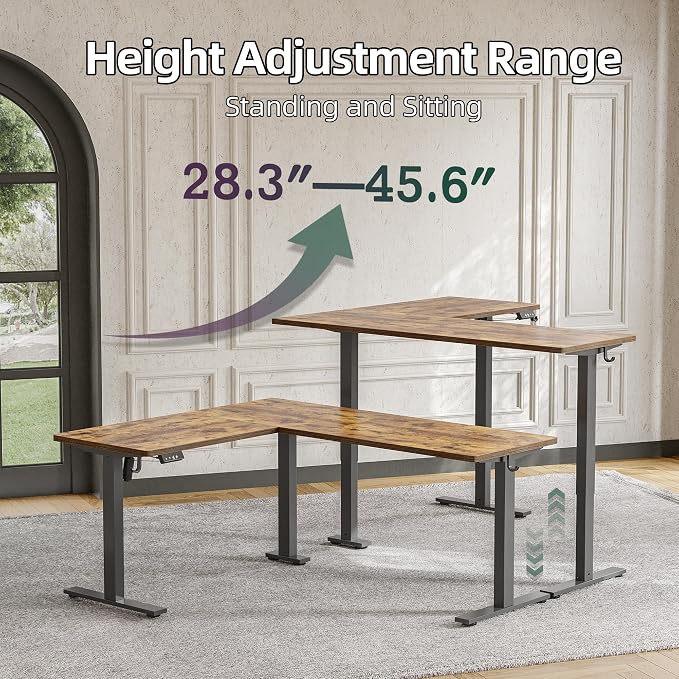 TIQLAB 63 x 55 inch L Shaped Standing Desk Adjustable Height, Electric Corner Standing Desk, Sit Stand Computer Table with Splice Board, Rustic Brown