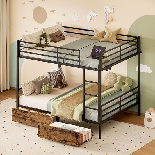 Full Over Full Metal Bunk Bed with 2 Rolling Under-Bed Storage Drawers | Charging Station, Stable Square Tube Frame, Converts to Separate 2 Twin Beds, Full Safety Guardrails & Ladder for Bedroom