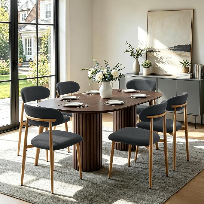 FREKEN Modern Upholstered Dining Chairs Set of 6, Mid-Century Metal Frame with Wood Grain, Linen Fabric Side Chair for Kitchen Dining Room, 350lbs Capacity, Black