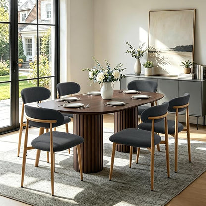 FREKEN Modern Upholstered Dining Chairs Set of 6, Mid-Century Metal Frame with Wood Grain, Linen Fabric Side Chair for Kitchen Dining Room, 350lbs Capacity, Black