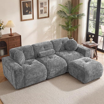 112" Modular Sectional Cloud Couch, L Shaped Sofa Boneless Couches with Movable Ottoman, 3 Deep Seat Modern Comfy Velvet Sofa for Living Room, Bedroom, Apartment (Grey)