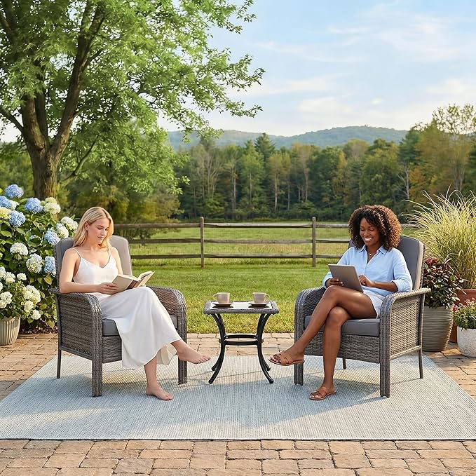 Garvee Outdoor Wicker Chairs,2 Pieces Patio Furniture Set,All Weather High Back Rattan Chairs with High Back&Deep Seating for Deck Porch Balcony Backyard Garden,Grey Rattan & Grey Cushion