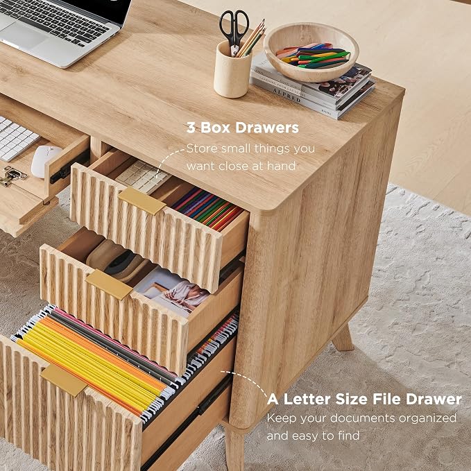 T4TREAM Fluted Executive Desk with Drawers, 60" Modern Home Office Computer Desk with Charging Station, File Cabinet, Keyboard Tray and Storage Cabinet for Study, Living Room, Bedroom, Natural Oak