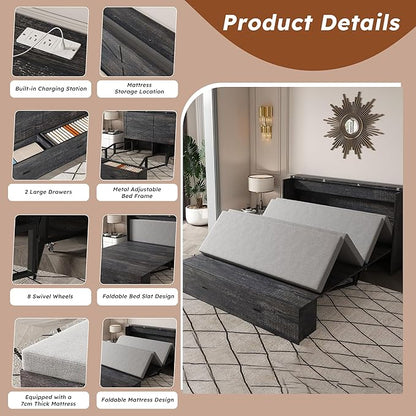 Bellemave Full Murphy Bed with Mattresses and Charging Stations and Storage Drawer, Farmhouse Murphy Cabinet Bed with Foldable Panel, Noisy Free, for Guest Bedroom, Living Room, Carbon Black