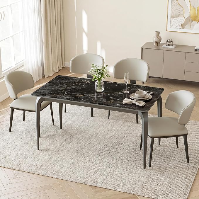 55" Black Rectangular Sintered Stone Dinner Table | Fits Modern and Farmhouse Style for Indoor,Outdoor,Kitchen,Apartment,Small Space,Picnic Use，Household Dinner Table