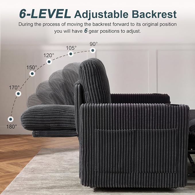 Sectional Sleeper Sofa with Pull Out Bed, Plush Corduroy 7 Seat Modular Sectional Sofa with Storage Chaise and Adjustable Backrest, Cloud Couches for Living Room, Apartment, Smoke Grey