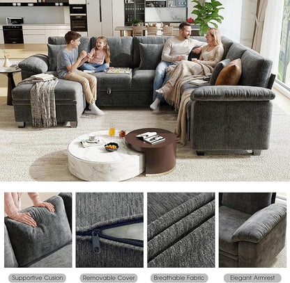 107.8" Modular Sectional Sleeper Sofa with Pull Out Bed, U Shaped 7 Seat Couch with 221L Storage, Convertible Cloud Couch Bed with Ottoman, Sectional Couches for Living Room, Apartment (Gray)
