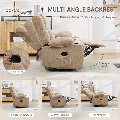 Swivel Rocker Recliner Set of 2,Rocking Recliner Chair with Adjustable Headrest for Adults,Upholstered Fabric Rocking Chair Swivel for Bedroom,Living Room,Brown