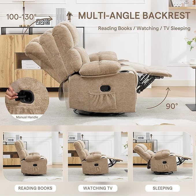 Swivel Rocker Recliner,Rocking Recliner with Adjustable Headrest | Upholstered Fabric Swivel Rocking Chair for Bedroom,Living Room,Brown