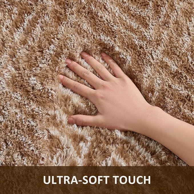 Ophanie 9x12 Brown and White Diamond Striped Rugs for Living Room,Large Fluffy Shag Fuzzy Plush Soft Carpets,Shaggy Rug for Bedroom,Carpet for Kids Boys Girls Dorm Decor with Over 99 pcs Pile fibers