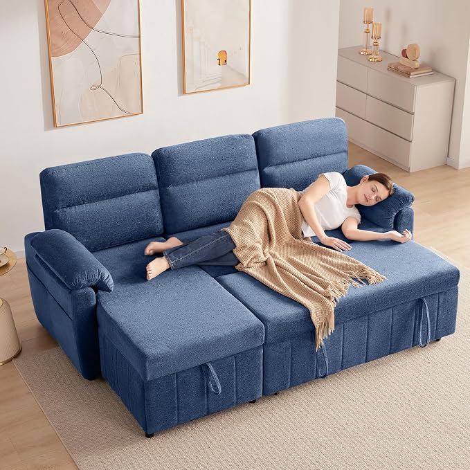 Tbfit 80'' Sleeper Sofa Bed, 3 in 1 Cloud Pull Out Sofa Couch with USB & Storage Chaise, Chenille Convertible Sofa Bed with Pull Out Bed, Couches for Living Room, Apartment, Office, Blue