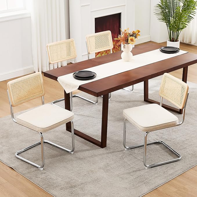 Zesthouse Natural Rattan Dining Chairs Set of 2, Mid Century Modern Dining Chairs with Solid Wood Back & Chrome Base, for Kitchen Living Room, Breuer Design Inspired, Upholstered Linen Fabric, Beige