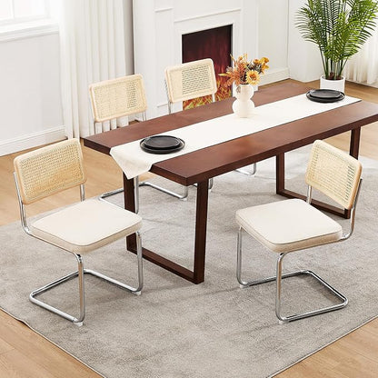 Zesthouse Natural Rattan Dining Chairs Set of 2, Mid Century Modern Dining Chairs with Solid Wood Back & Chrome Base, for Kitchen Living Room, Breuer Design Inspired, Upholstered Linen Fabric, Beige