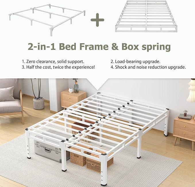 NKZ 20 Inch Full Size Bed Frame, Metal Bed Frame & Box Spring 2 in 1 Platform with Round Corner Legs, 4000lbs Weight Capacity Reinforced Metal Frame, Headboard Hole, Noise-Free, Easy Assembly.