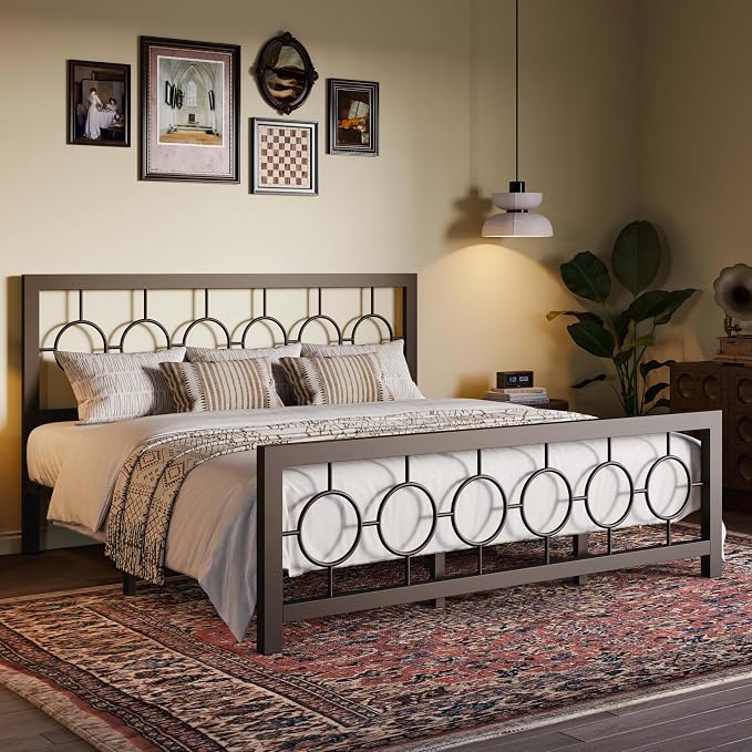 SHA CERLIN King Size Metal Bed Frame with Vintage Circular Design Headboard and Footboard,No Box Spring Required, Easy Assembly,Noise-Free,Brown