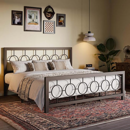 SHA CERLIN King Size Metal Bed Frame with Vintage Circular Design Headboard and Footboard,No Box Spring Required, Easy Assembly,Noise-Free,Brown