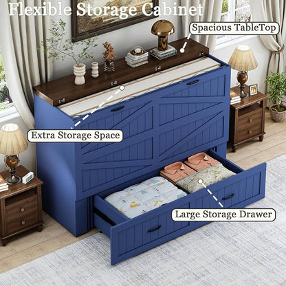 Queen Murphy Bed with Charging Station, Farmhouse Noisy-Free Foldable Cabinet Bed Frame with Storage Drawer, Space Saving Hideaway Wall Bed for Guest Bedroom, Living Room, Office, Blue