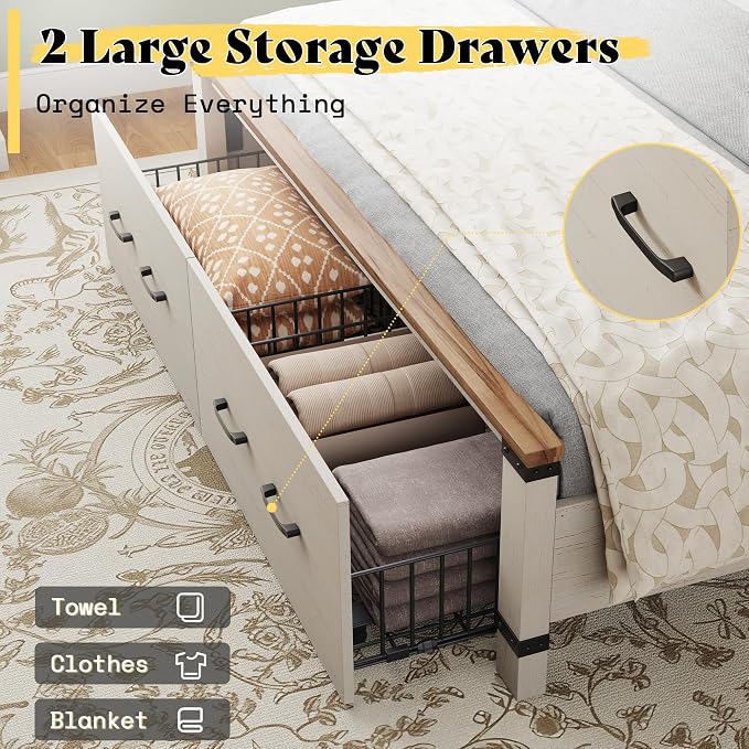 AMERLIFE 2 Pieces Farmhouse Bedroom Set, Includes Wood Rustic Full Size Bed Frame with 54" Tall Headboard, 48" Tall 5 Drawers Dresser Chest, Heavy Duty Thick Plank Styling, Antique White