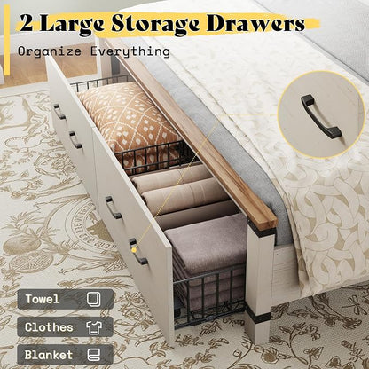 AMERLIFE 2 Pieces Farmhouse Bedroom Set, Includes Wood Rustic Queen Size Bed Frame with 54" Tall Headboard, 48" Tall 5 Drawers Dresser Chest, Heavy Duty Thick Plank Styling, Antique White