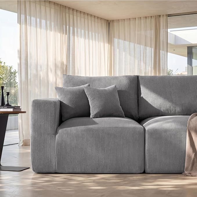 Modular Sectional Sofa Bed with Chaise, 115" Memory Foam Cloud Couch, Boneless Corduroy Upholstered Floor Couch, No Assembly Required Living Room Furniture for Apartment Home, Grey