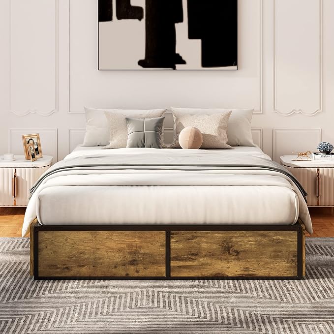Allewie Industrial Storage Bed with Drawers, Wooden Metal Platform, Sturdy & Noise-Free, Modern Full Size for Bedroom & Apartment