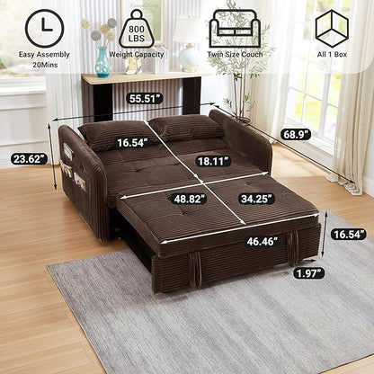 55.5" Corduroy Convertible Sofa Bed, Pull Out Sleeper Sofa Bed, Loveseat Couch with USB Charging Ports, 3 in 1 Convertible Sleeper Sofa Bed for Living Room, Apartment, Bedroom, RV, Brown