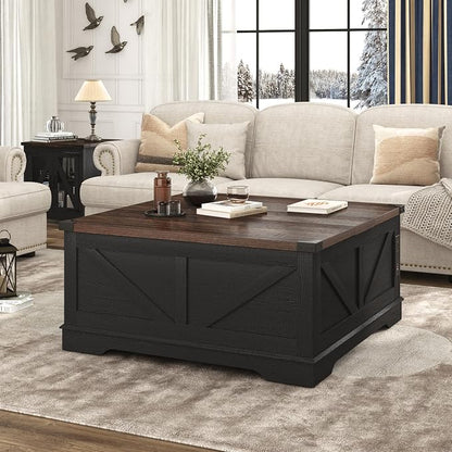 Hlivelood 40” Large Farmhouse Lift Top Coffee Table with Power Outlets and Large Hidden Storage, Square Wood Living Room Tables, Multi-Function Lift Wooden Barn Door Center Table, Black